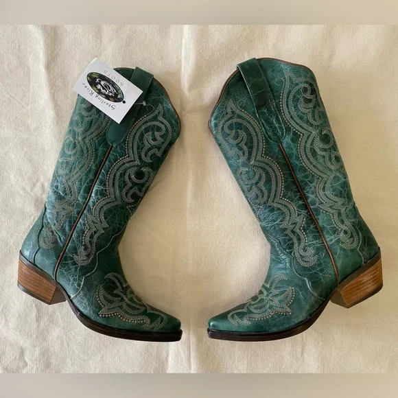 NWT Sterling River Boots Emerald Green Leather Embroidered Western Boots W11 - Picture 2 of 12